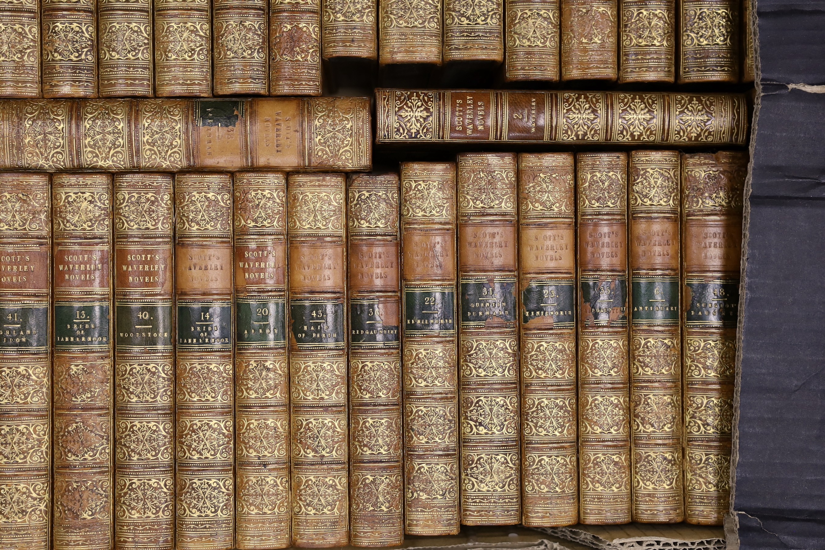 Scott, Walter, Sir - Waverley Novels, 48 vols, 12mo, calf with gilt spines, engraved frontis and title, Robert Cadell, London, 1848.